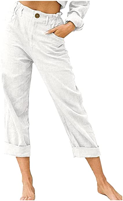 Aniywn Women's Linen Pants Soft Cropped Elastic Waist Cotton Beach Trousers Wide Leg Baggy Casual Loose Capri Trousers