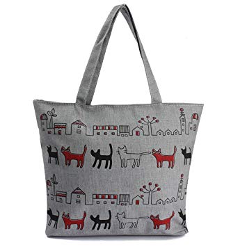 Women Handbag - SODIAL(R)Women Canvas Lady Shoulder Bag Handbag Tote Shopping Bags Zip Multi Pattern Cats