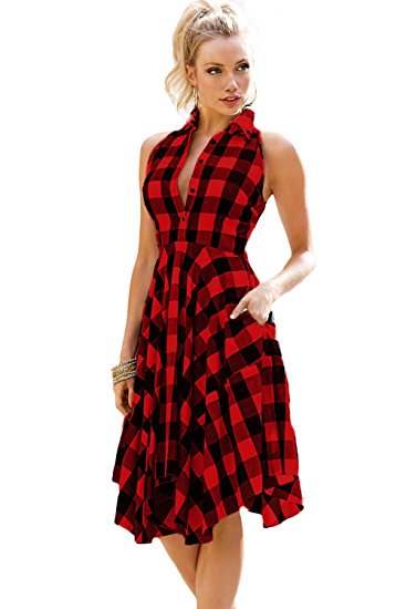 Bdcoco Women's Sleeveless Plaids Irregular Hem Casual Shirt Dress