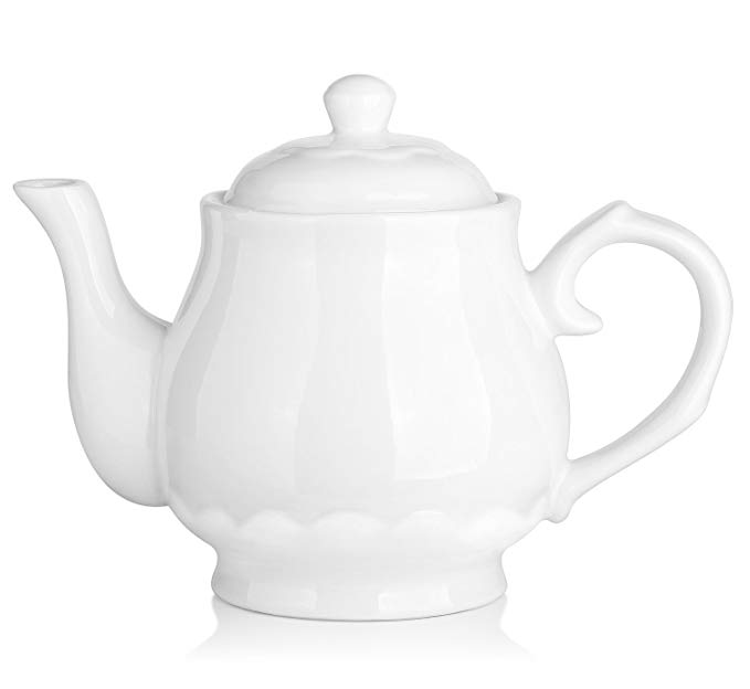 DOWAN Porcelain Teapot 40 OZ White Fine Pierced Ceramic Tea Pot Set Of One