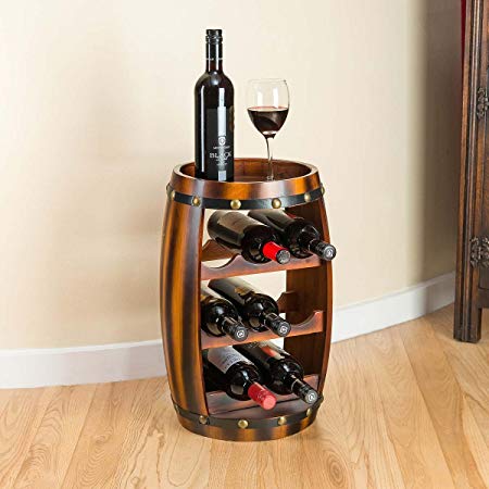 Christow Wooden Barrel Wine Rack Wood Bottle Holder Table Top 8 Bottles H50cm