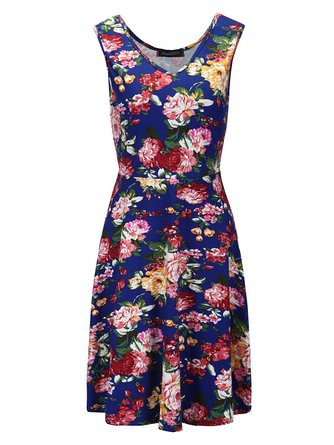 Merokeety Women's Cotton Blend Casual Fit Flare Floral Printed Sleeveless Mini Dress