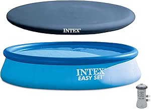 Intex 13 Ft x 32 in Easy Set above Ground Inflatable Outdoor Swimming Pool Set with 530 GPH Krystal Clear Filter Pump & Secure Vinyl Pool Cover, Blue