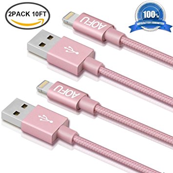 AOFU iPhone Cable,2Pack 10FT Extra Long Nylon Braided Cord Apple Lightning Cable Certified to USB Charging Charger for iPhone 7/7 Plus/6/6S/6 Plus/6S Plus/5/5S/5C/SE,iPad,iPod 7 (Rose,10FT)