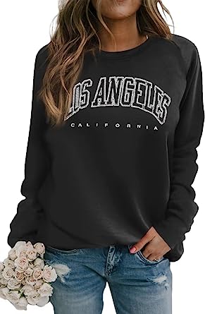 Dressmine Women's Los Angeles Crewneck Sweatshirt Cute Long Sleeve Raglan Shirts Casual Letter Print Pullover Tops