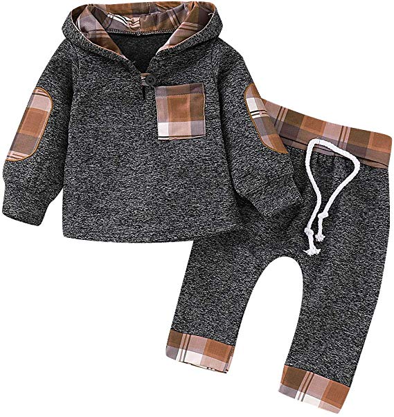 Christmas Toddler Baby Boy Girl Clothes Plaid Pocket Hoodie Sweatshirt Pants Xmas Outfits Set