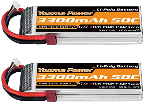 Youme Power 3S LiPo Battery Pack, 11.1V RC Lipo 3300mAh 50C Deans T Plug for RC Car Truck Truggy Airplane UAV Drone FPV Glider 3D Plane Park Flyers Vortex 400mm X-Sled(2 Packs)
