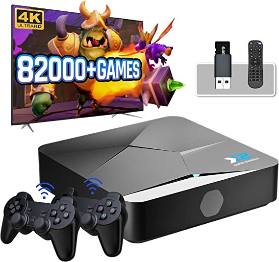 Kinhank Super Console X2 Built-in 82,000  Classic Games,64G Retro Gaming Consoles Compatible with 60  emulators, S902X2 Chip, Android TV 9.0&Emuelec 4.5 Systems in One, 2 Controllers