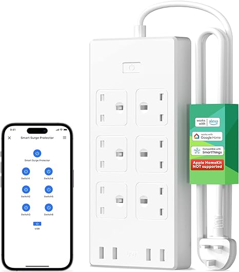 Meross Smart Power Strip, 6 Gang 4 USB Ports, smart extension lead alexa compatible, Compatible with Google Home, SmartThings, Timer and Voice/Remote Control, 2.4GHz WiFi