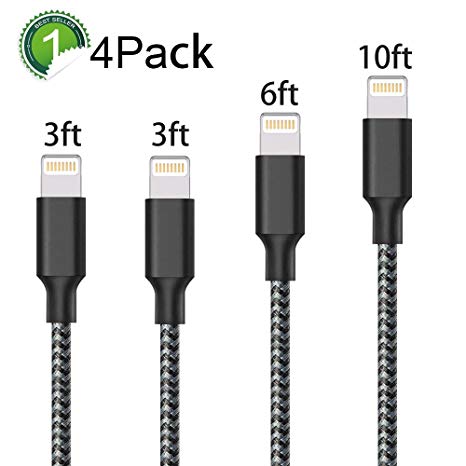 Cable,ONSON Charger Cables 4Pack 3FT 3FT 6FT 10FT to USB Syncing and Charging Cable Data Nylon Braided Cord Charger for iPhone 7/7 Plus/6/6 Plus/6s/6s Plus/5/5s/5c/SE and more-BlackWhite …