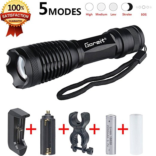 Goreit® E6 Super Bright 900 Lumen Flashlight,Zoomable CREE XML T6 bicycle Light,Ajustable Focus 5 Modes   18650 Battery and charger   360°bicycle mount,For Cycling Hiking Camping.