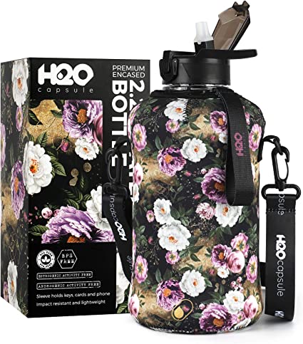 H2O Capsule 2.2L Half Gallon Water Bottle with Storage Sleeve and Covered Straw Lid – BPA Free Large Reusable Drink Container with Handle - Big Sports Jug, 2.2 Liter (74 Ounce) Midnight Bloom