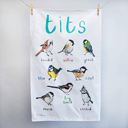 Sarah Edmonds Illustration Funny Tea Towels, Bird Puns, Premium Cotton, 19 x 30-inches (Tits/Chickadees)