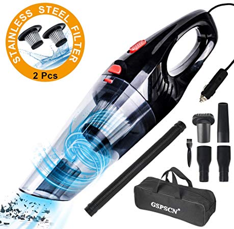 GSPSCN Handheld Car Vacuum 6500PA 12V Auto Corded Vacuum Cleaner kit with 2Pcs Stainless Steel Filter,High Power Wet Dry Vacuum Cleaner for Car Cleaning (Black red)