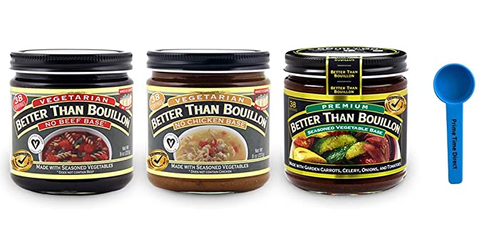 Better Than Bouillon Variety Pack- No Beef Base, No Chicken Base, & Vegetable Base 8oz (3 Pack; 1 each) Bundle with PrimeTime Direct Teaspoon Scoop with BTB Authenticity Seal