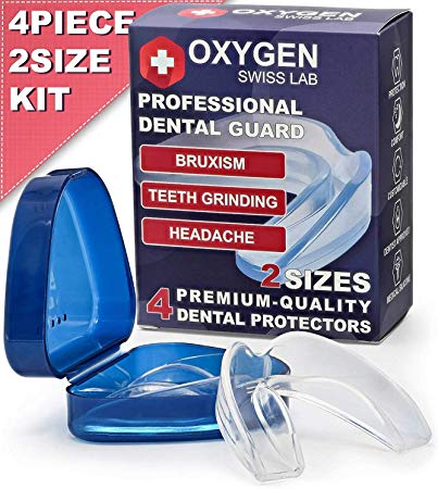 Oxygen Swiss Lab Professional Moldable Dental Guard For Teeth Grinding & Clenching, Bruxism, TMJ & Athletes – Set Of 4 Medical Silicone Mouth Night Guards In 2 Sizes With Anti-Bacterial Case