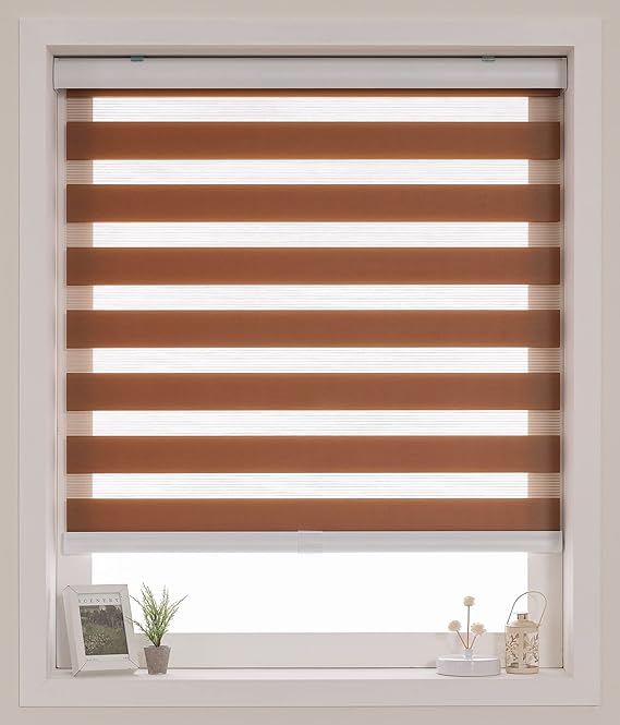 FOIRESOFT Cordless Custom Zebra Roller Shades and Blinds [Cordless Basic, Caramel, W 51 x H 64 inch] Dual Layer Sheer or Privacy Light Control, Day and Night Window Drapes, 20 to 84 inch Wide