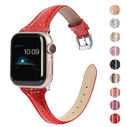 Wearlizer Bling Thin Leather Compatible with Apple Watch Bands 38mm 40mm Womens iWatch Slim Glitter Wristband Glistening Strap Replacement Bracelet with Silver Metal Clasp Series 5 4 3 2 1 Edition-Red