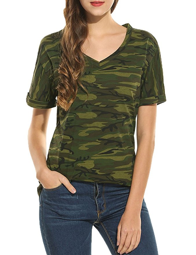 Women's Roll Over Short Sleeve V Neck Camouflage T Shirt Loose Basic Jersey Top