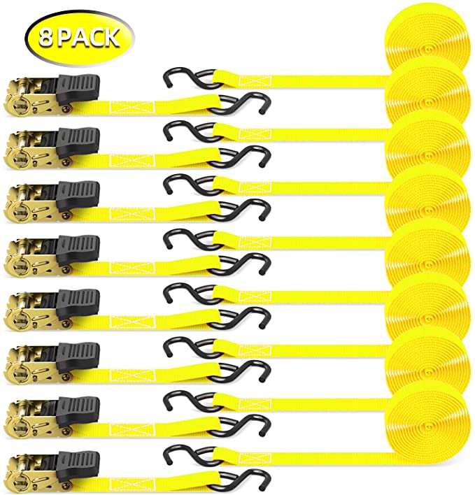 Ratchet Tie Down Strap 8-Pack 15 Ft - 500 lbs Load Cap with 1500 lbs Breaking Limit, Ohuhu Ratchet Tie Downs Logistic Cargo Straps for Moving Appliances, Motorcycle (Yellow)