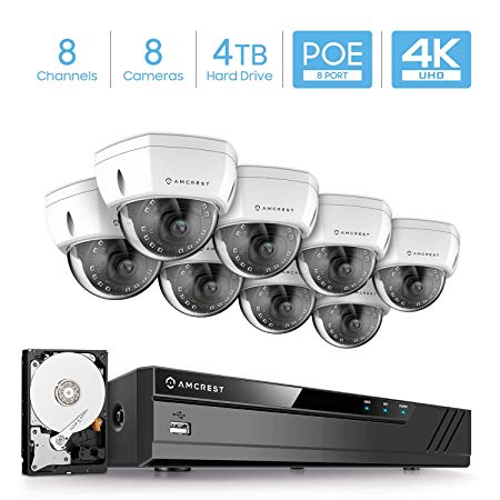 Amcrest 8CH 4K Security Camera System w/H.265 4K (8MP) NVR, (8) x 4K (8-Megapixel) IP67 Weatherproof Metal Dome POE IP Cameras, 2.8mm Wide Angle Lens, 4TB HDD, NV4108E-HS-IP8M-2493EW8-4TB (White)