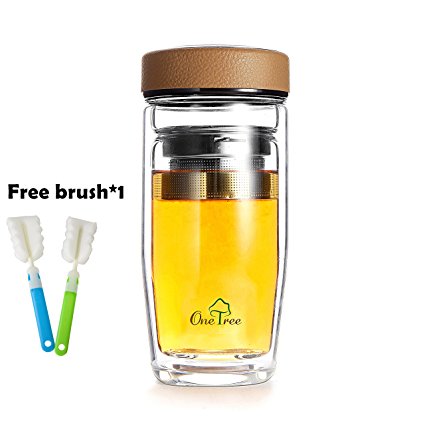 One Tree Double Walled Glass Water Bottle With Tea Infuser, Bpa Free And No Leak For Tea Fruit And Coffee, With A Brush For Free,380ml/13.5oz