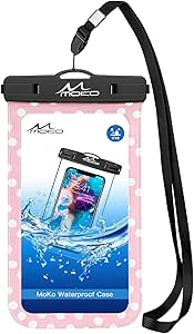 MoKo Waterproof Phone Pouch Holder, Cellphone Case Dry Bag with Lanyard Armband Compatible with iPhone 14 13 12 11 Pro Max, Samsung S21/S20/S10, Pink dots