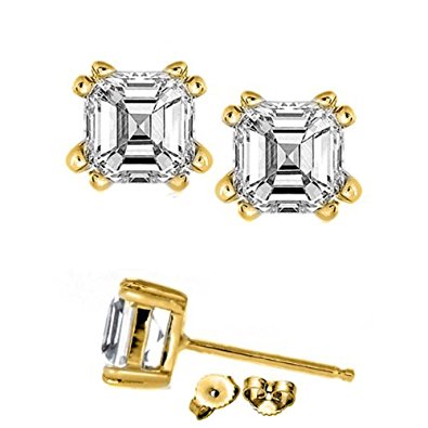 2 Carat Rare Asscher Cut Cubic Zirconia Stud Earrings Set in Sterling Silver in 14k Real Yellow Gold