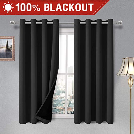 DWCN 100% Blackout Curtains – Thermal Insulated, Energy Saving & Noise Reducing Grommet Curtains for Living Room, Bedroom and Kids Room, Black, W 52 x L 63 Inch, Set of 2 Lined Curtain Panels