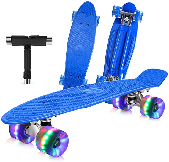 BELEEV Skateboard Complete Mini Cruiser Retro Skateboard for Kids Teens Adults, LED Light up Wheels with All-in-One Skate T-Tool