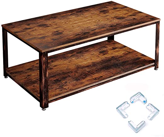 Rolanstar Coffee Table with Storage Shelf, Industrial Coffee Table for Living Room, Wood Look Accent Furniture with Stable Metal Frame CF001-B