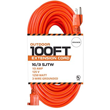 100 Ft Orange Extension Cord - 16/3 SJTW Heavy Duty Outdoor Extension Cable with 3 Prong Grounded Plug for Safety - Great for Garden & Major Appliances