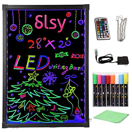 Slsy Illuminated LED Message Writing Board, 20"X28" Erasable Neon Effect Menu Sign Board with 8 Fluorescent Makers,12Colors Flashing Modes,Remote Control Message Board