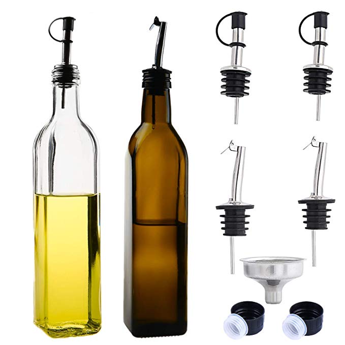 STONEKAE Olive Oil Dispenser Set,2 pcs 17oz Olive Oil Bottles   4 pcs Olive Oil Spout Funnel,Olive Oil Bottle and Vinegar Bottle Glass Set for Kitchen