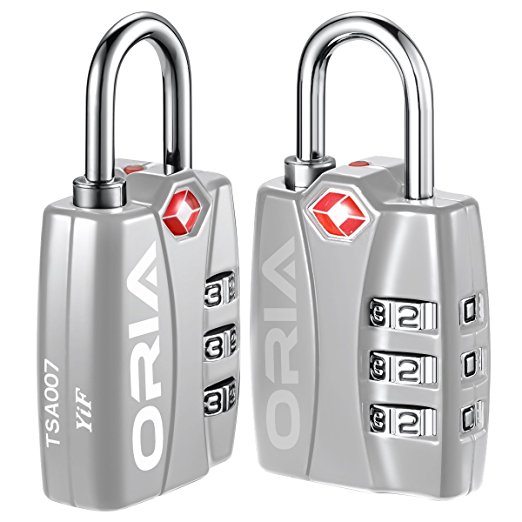 ORIA TSA Lock Approved Locks, 3 Digit Combination Lock with Alert, Travel Lock for Luggage, Backpacks, Bags, Briefcases, Computer Bags, Cabinets (2 Piece and Silver)