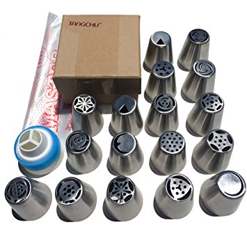 TANGCHU Russian Piping Tips - 17 Piece Set of Stainless Steel Large Icing Nozzles - Includes Bonus Coupler and 5 Pastry, Cake, Cupcake and Cookie Decorating Pastry Bags