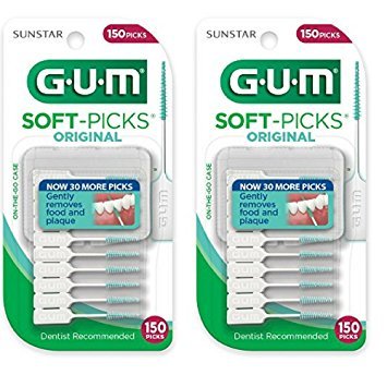 Sunstar GUM Soft-picks with 2 Convenient Travel Cases, 2 Packs of 150 ea, 300 Picks (2 Pack, 150 ea, TOTAL 300 PICKS)