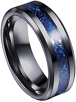 8mm Tungsten Carbide Ring Silvering Celtic Dragon Blue Carbon Fibre Inlay Wedding Band Size 6-13 (10, Black)