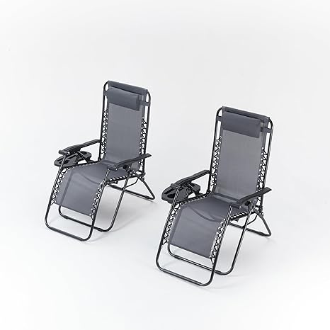 Casa Andrea Milano Set of 2 Outdoor Adjustable Zero Gravity Lounge Chair, Folding Patio Recliner with Headrest, Cup Holder, Side Tray, Grey