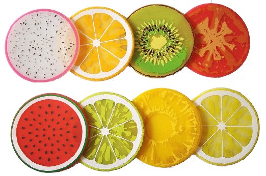 PHT Silicone Fruit Slice All-weather Drink Coasters 2015 edition, 3.5", Set of 8 Kiwi, Orange, Lemon, Lime, Dragon-Fruit, Water-Melon, Tomato, and pineapple