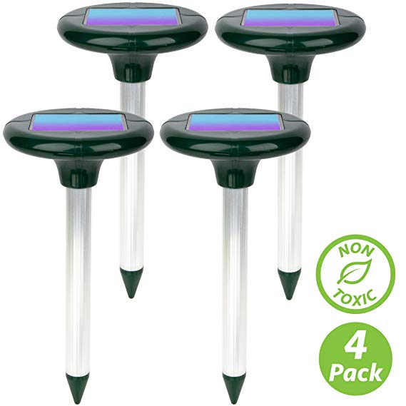 Livin' Well Solar Mole Repellent Yard Stakes - 4pk Ultrasonic Outdoor Pest Control Rodent Repeller Spikes, Get Rid of Moles Voles and Gophers w/ 7000 Sq Ft Range