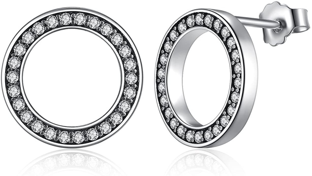 Presentski Pierced Earrings for Women Girls，925 Sterling Silver CZ Circle Stud，Jewellery Gift