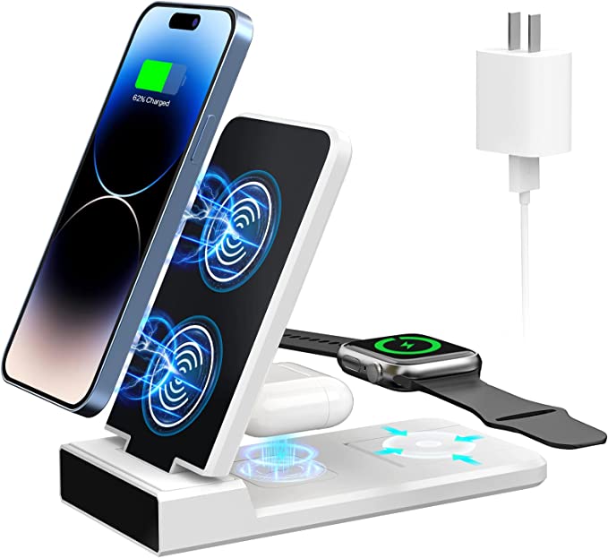 Wireless Charging Station, 3 in 1 Wireless Charger Stand, Fast Wireless Charging Dock for iPhone 14/13/12/11/Pro/X/Max/XS/XR/8/Plus, Apple Watch7/6/5/4/3/2/SE, Airpods 3/2/Pro(White)