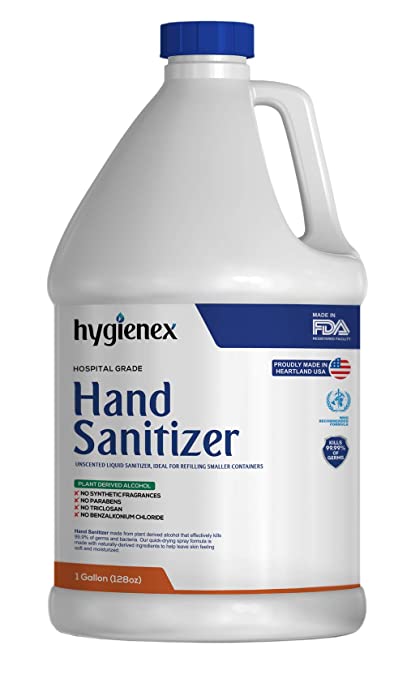 Hygienex Hospital Grade Hand Sanitizer 1 Gallon Liquid Refill, Unscented, 80% Alcohol Made in USA WHO Approved Formula