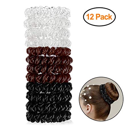 12Pcs Spiral Hair Ties No Crease Elastic Ponytail Holders Phone Cord Traceless Hair Ties for Women Thick Hair by Accmor (Brown/Black/Clear, 4pcs/color)