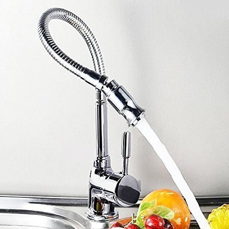 Zingcord Hot and Cold Stainless Steel Kitchen Sink Faucet Pull Down Single Handle Arbitrary Rotating Wet Bar Lavatory Faucet Tap with Flexible Gooseneck (Chrome Finish)