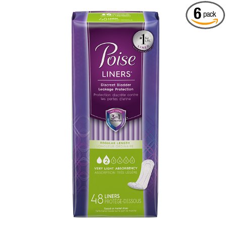 Poise  Incontinence Panty Liners, Very Light Absorbency, Regular 48 Count (Pack of 6)