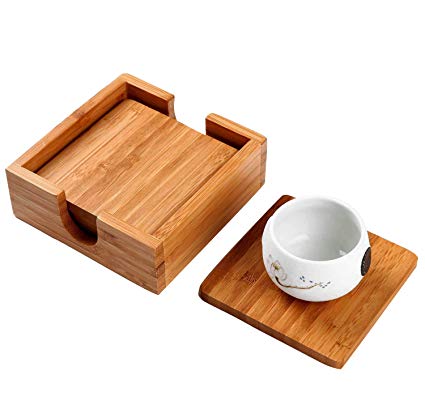 Utoplike Bamboo 4 Pieces Square Coasters set cup mat with Holder 4.25×4.25inches