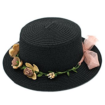 Elee Women Summer Straw Boater Hat Beach Round Top Caps Wedding Flower Garland Band