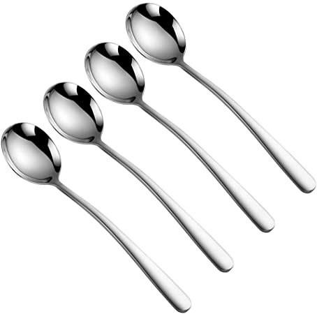 Wenkoni 7" Soup Spoons,Round Spoons,18/10 Stainless Steel Spoons (Set of 4 Color: Silver).